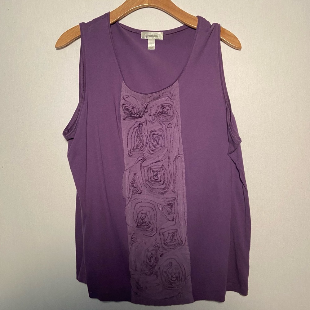 Dressbarn Womens Tank Top Size 1X Purple Cotton Boxy Flowers Artsy Layers Basic‎